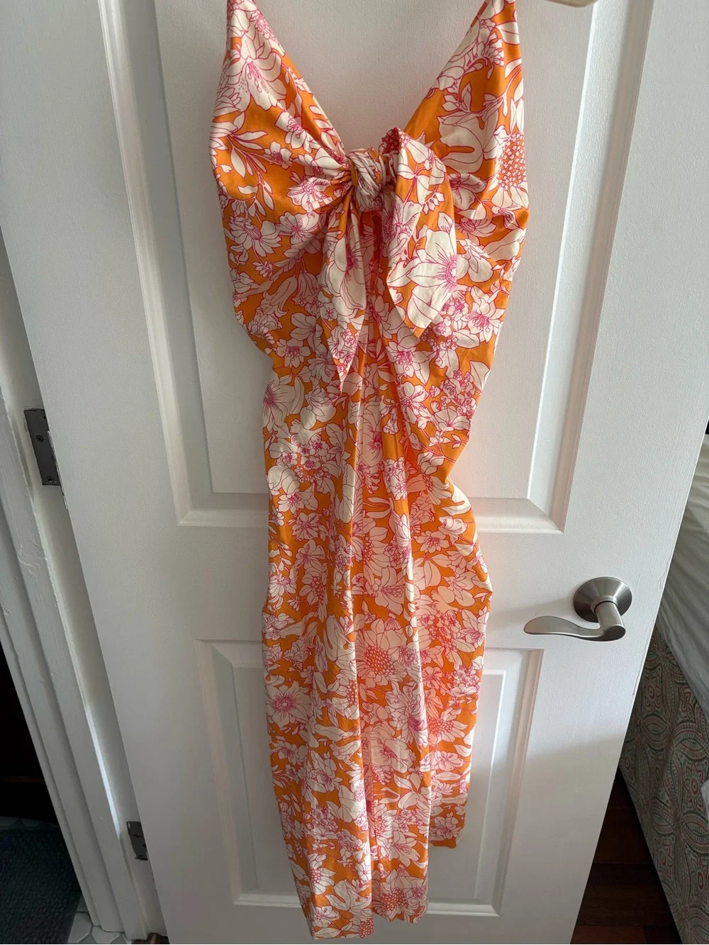 J Crew Orange floral cotton poplin tie front midi dress